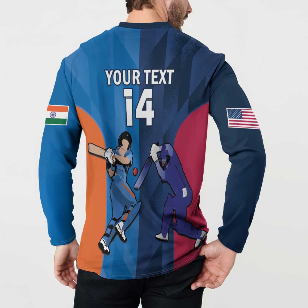 Blue button-front cricket sweatshirt, back art with 'YOUR TEXT' and 14 flags