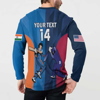 Blue button-front cricket sweatshirt, back art with 'YOUR TEXT' and 14 flags