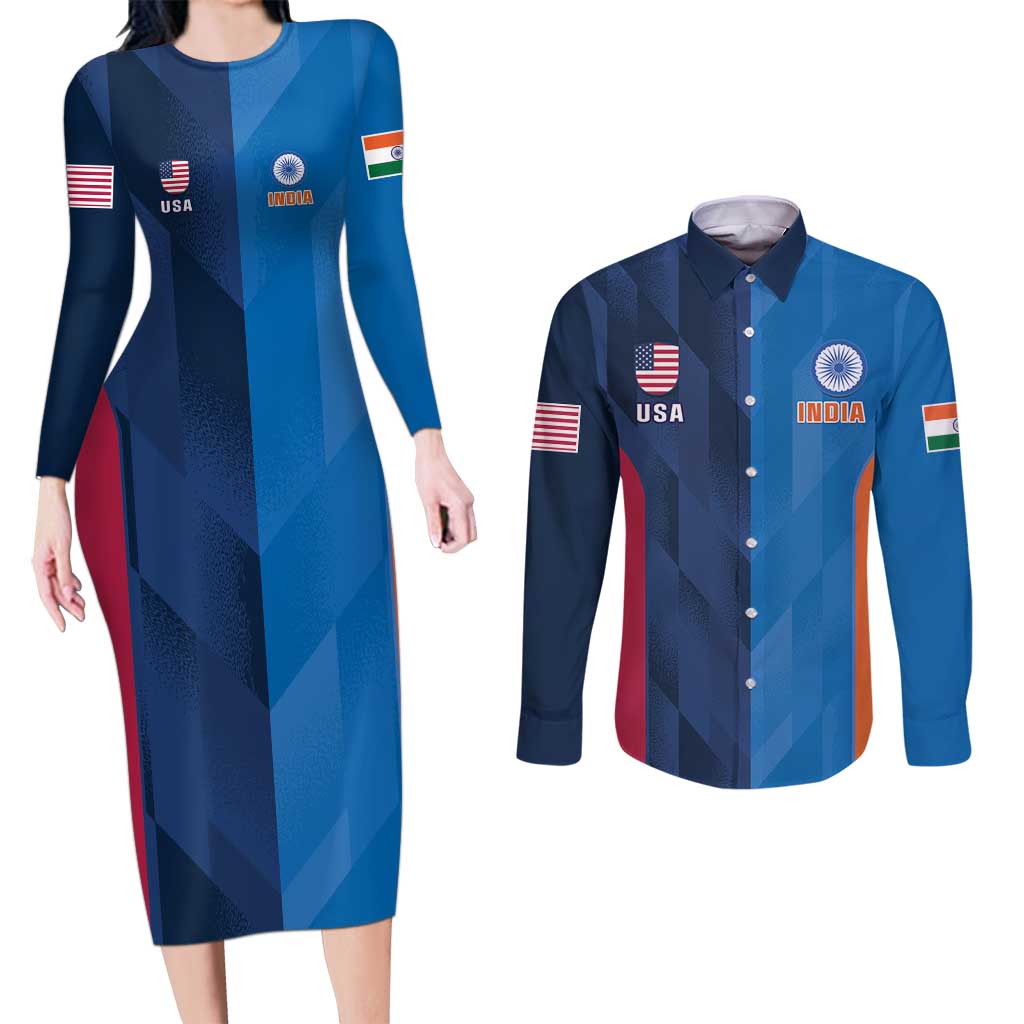 Custom USA and India Cricket Couples Matching Long Sleeve Bodycon Dress and Long Sleeve Button Shirt 2024 Together Dynamic Style - Wonder Print Shop