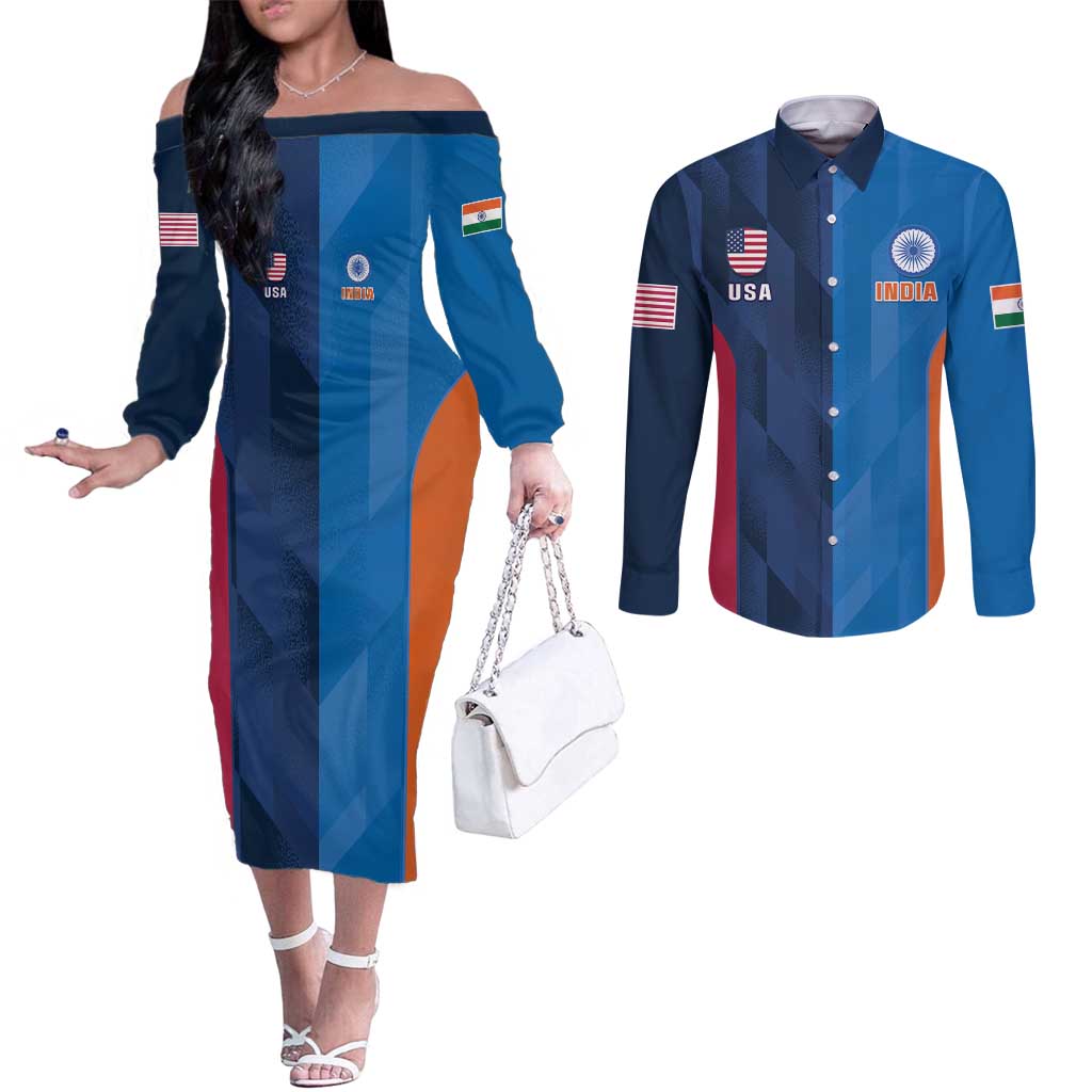 Custom USA and India Cricket Couples Matching Off The Shoulder Long Sleeve Dress and Long Sleeve Button Shirt 2024 Together Dynamic Style