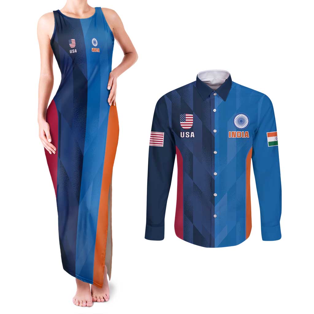 Custom USA and India Cricket Couples Matching Tank Maxi Dress and Long Sleeve Button Shirt 2024 Together Dynamic Style - Wonder Print Shop