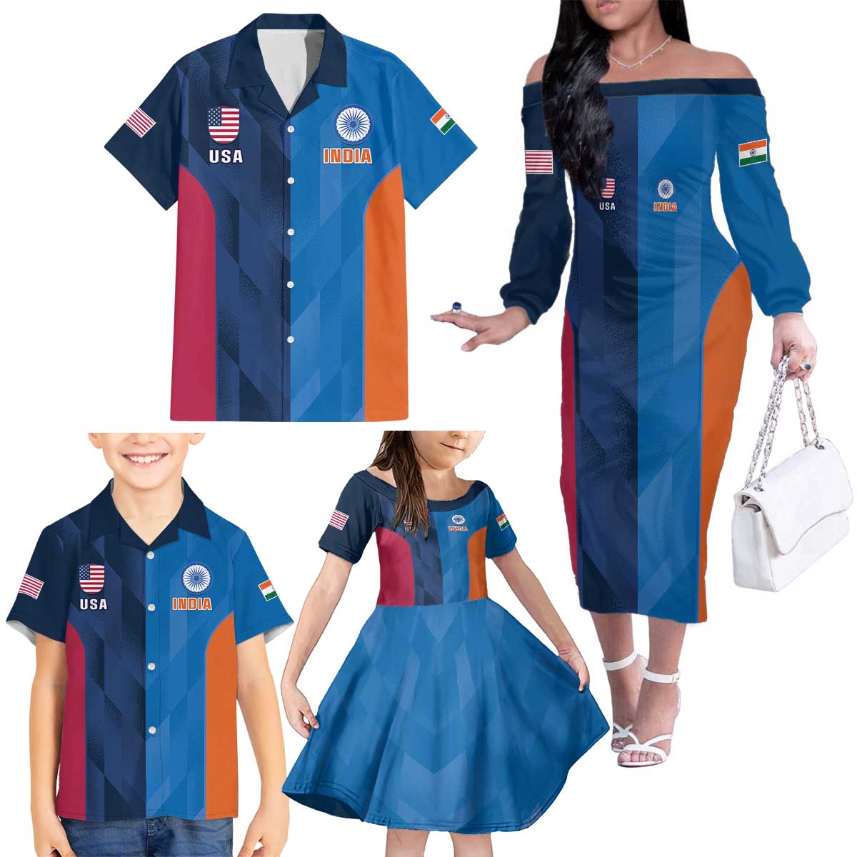 Custom USA and India Cricket Family Matching Off The Shoulder Long Sleeve Dress and Hawaiian Shirt 2024 Together Dynamic Style - Wonder Print Shop