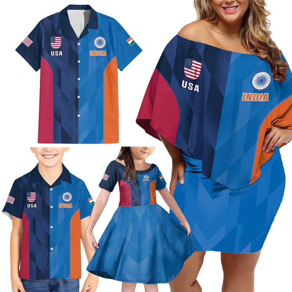 Custom USA and India Cricket Family Matching Off Shoulder Short Dress and Hawaiian Shirt 2024 Together Dynamic Style - Wonder Print Shop