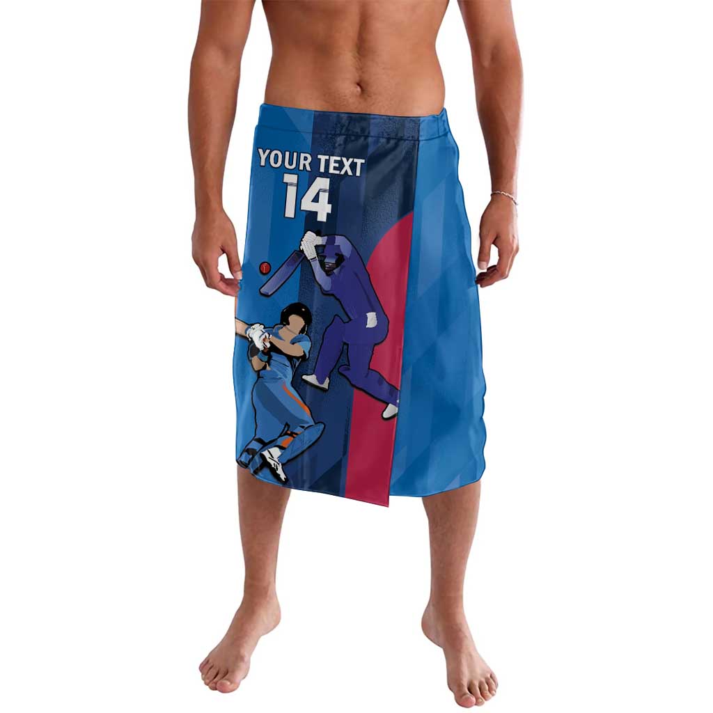 Blue cricket lavalava shorts with bold player graphic and number 14, your text