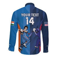 Blue cricket button shirt back with YOUR TEXT 14 and players, long sleeves