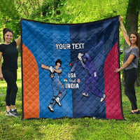 Large blue cricket quilt with orange and pink side panels, players, 'YOUR TEXT' and 'USA and INDIA'