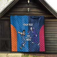 Blue cricket quilt with orange left and pink right panels, players, and 'YOUR TEXT'/'USA and INDIA'
