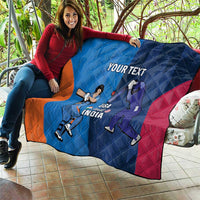 Blue cricket quilt with orange and pink diagonal sections, cricket players, 'YOUR TEXT' on top