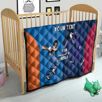 Blue cricket quilt for crib with orange and pink panels, players, 'YOUR TEXT' and 'USA and INDIA'