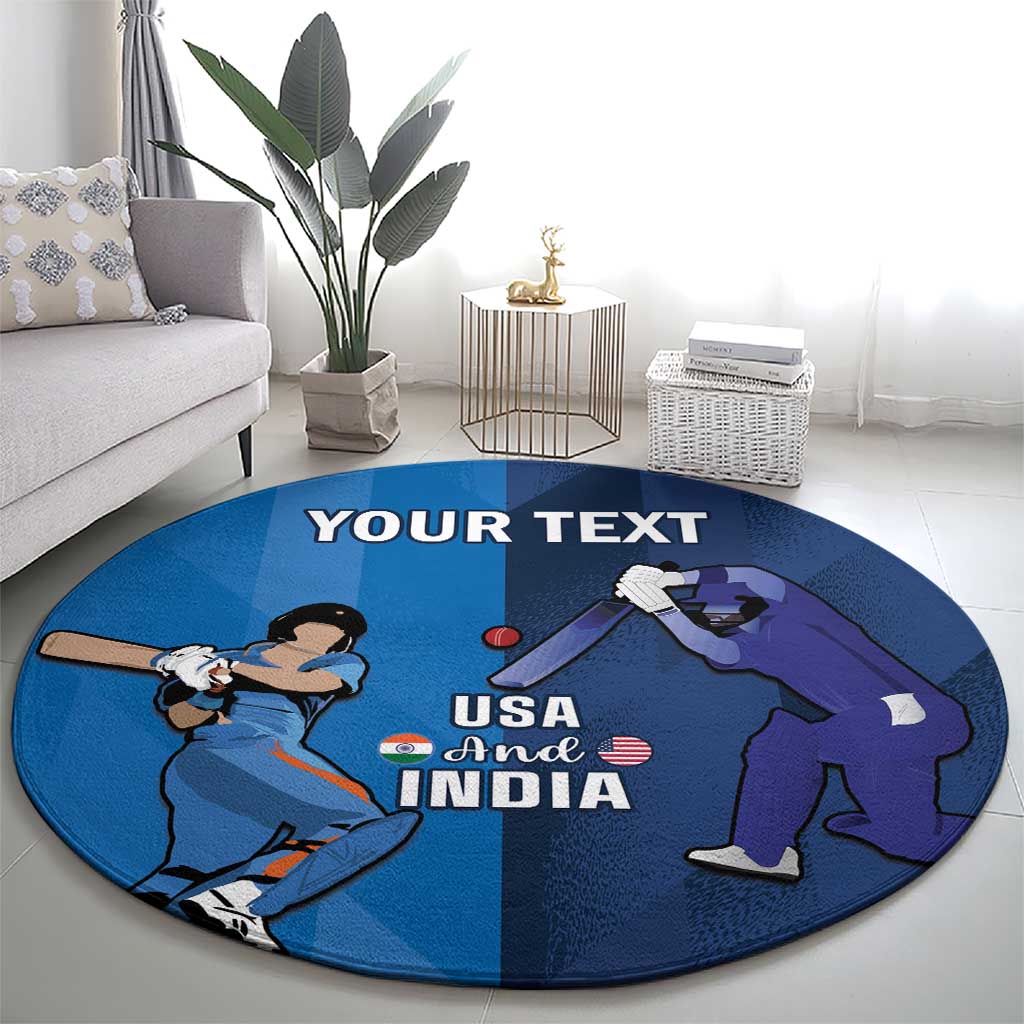 Round blue cricket rug with USA and India lettering, batsman and cricket ball graphic