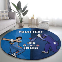 Round blue cricket rug with USA and India lettering, batsman and cricket ball graphic