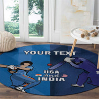 Round blue cricket rug with USA and India batsmen and map design