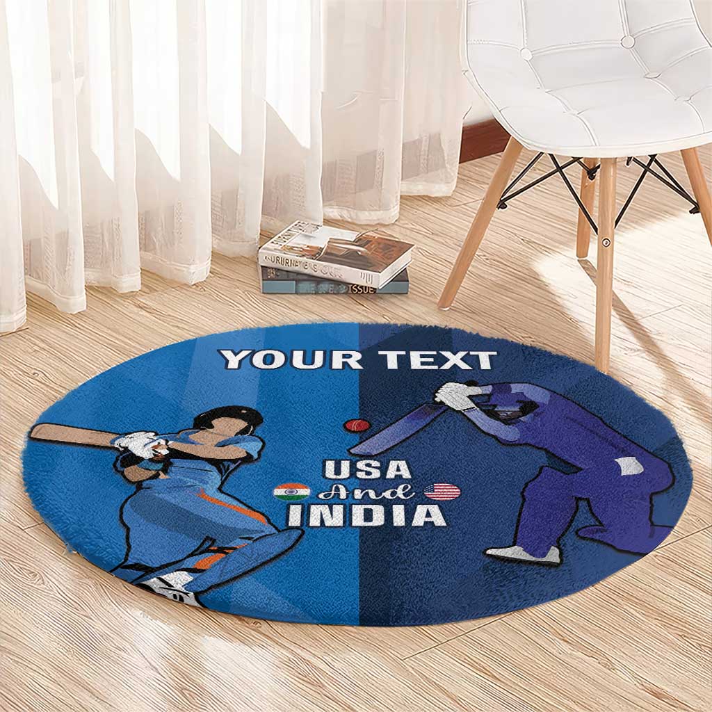 Round blue cricket rug with USA and India map design and batsmen illustration