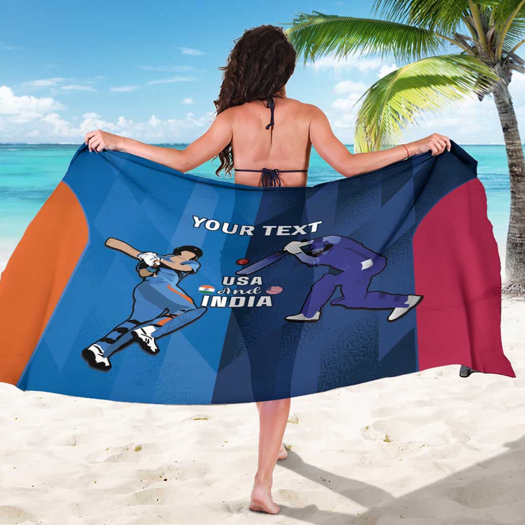 Blue cricket sarong with maroon drape and USA/India player illustration