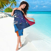 Blue cricket sarong with maroon panel, custom text over USA/India figure