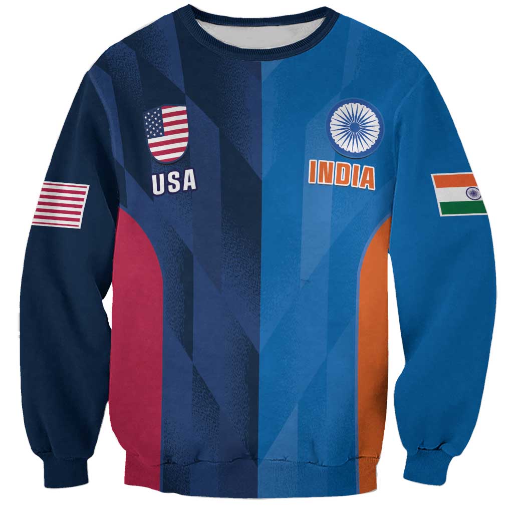 Unisex blue cricket sweatshirt with USA and India crests, crewneck, long sleeves