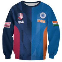 Unisex blue cricket sweatshirt with USA and India crests, crewneck, long sleeves