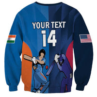 Unisex blue cricket sweatshirt back graphic with YOUR TEXT and T14, long sleeves