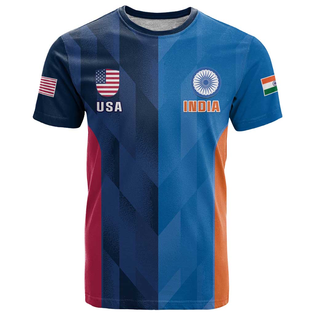 Blue cricket T-shirt with USA and India flag logos and geometric panel print