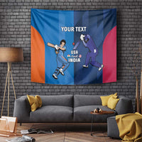 Cricket tapestry with orange and pink side panels, “YOUR TEXT” and USA and India center graphic