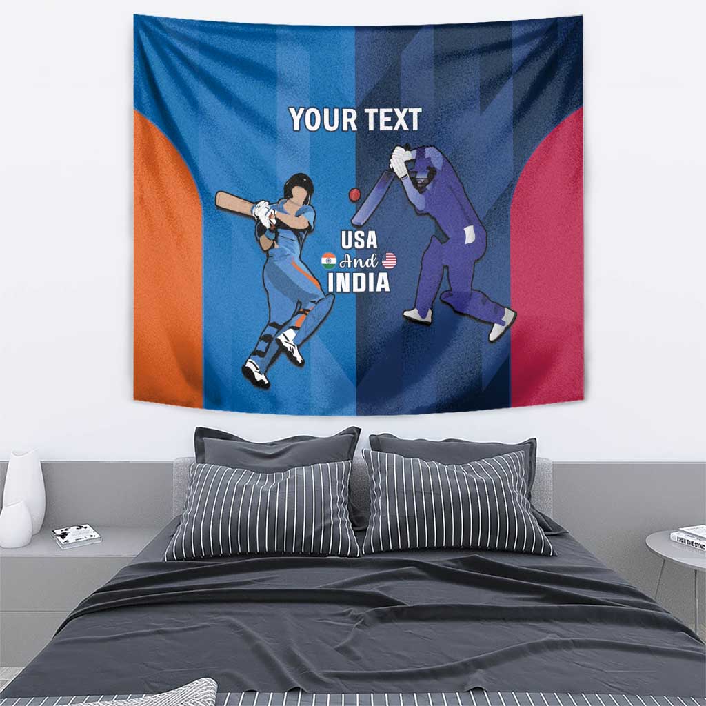 Cricket tapestry showing left batsman and right bowler, “YOUR TEXT” and USA and India text on blue