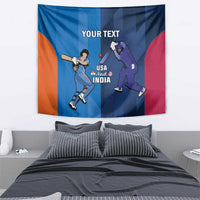 Cricket tapestry showing left batsman and right bowler, “YOUR TEXT” and USA and India text on blue