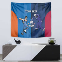 Cricket tapestry wall hanging with two players, “YOUR TEXT” and USA and India, blue with orange and pink