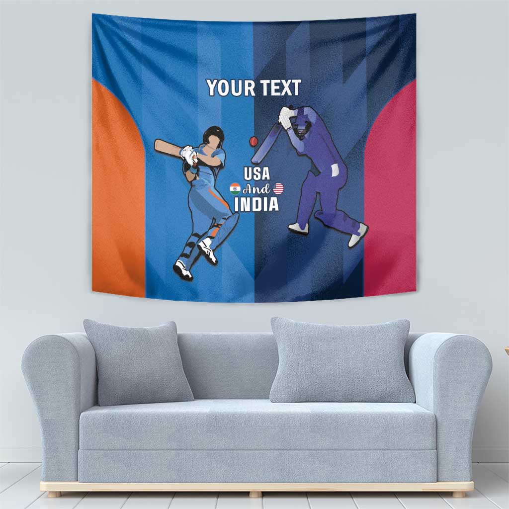 Cricket tapestry featuring a batsman and bowler, “YOUR TEXT” header, USA and India logo on blue