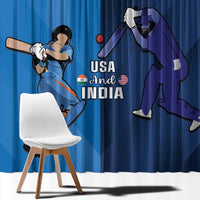 Cricket-themed curtain fabric close-up with blue background, players, and USA and India text