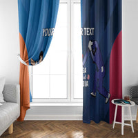 Cricket-themed window curtains with blue and navy panels framing a white door