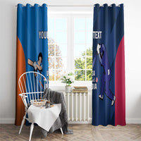 Cricket-themed window curtains, blue panel with cricket players and USA and India details