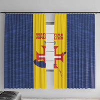 Window curtain set with blue panels and yellow vertical accent, flag-style print.