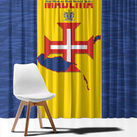 Blue and yellow flag-style curtain panels with large central emblem design.