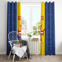 Blue curtains with yellow center panels showing a flag-style design.
