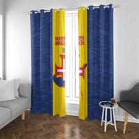 Curtain pair with blue outer panels and yellow center panels, flag-style print visible.