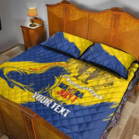 Blue and yellow quilt bed set with two pillowcases, sweeping graphic and personalized text