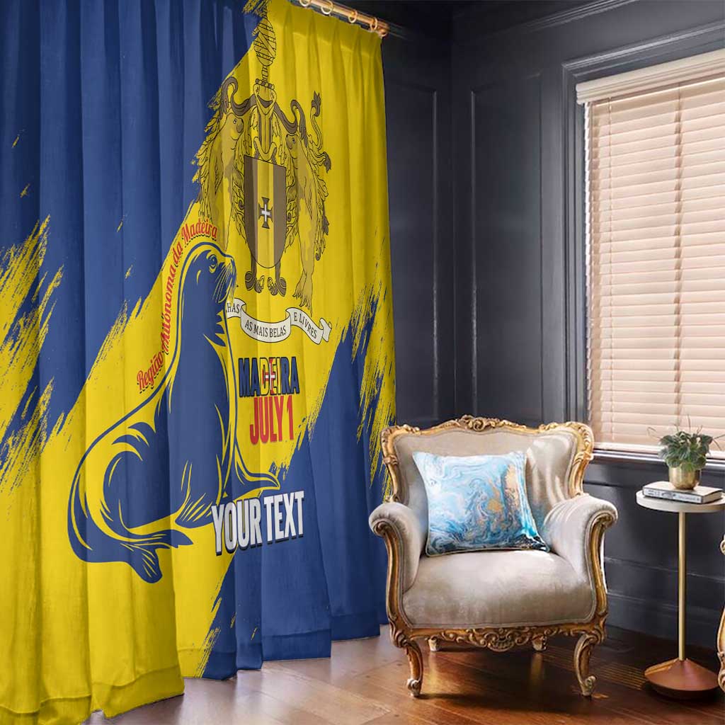 Personalised Madeira Day window curtain, blue and yellow grunge design hanging by a window