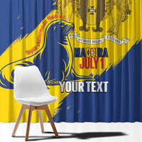 Personalised Madeira Day window curtain panel, blue and yellow graphic with crest and lettering
