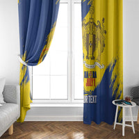 Personalised Madeira Day window curtain set, blue and yellow panels tied back at the sides
