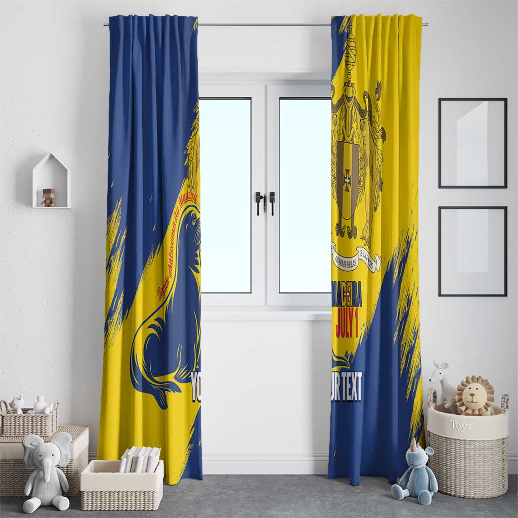 Personalised Madeira Day window curtains, blue and yellow grunge print with crest and text