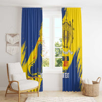 Personalised Madeira Day window curtains, blue and yellow panels on rod, full-height view