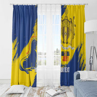 Personalised Madeira Day window curtains, blue and yellow panels with grommets and bold crest