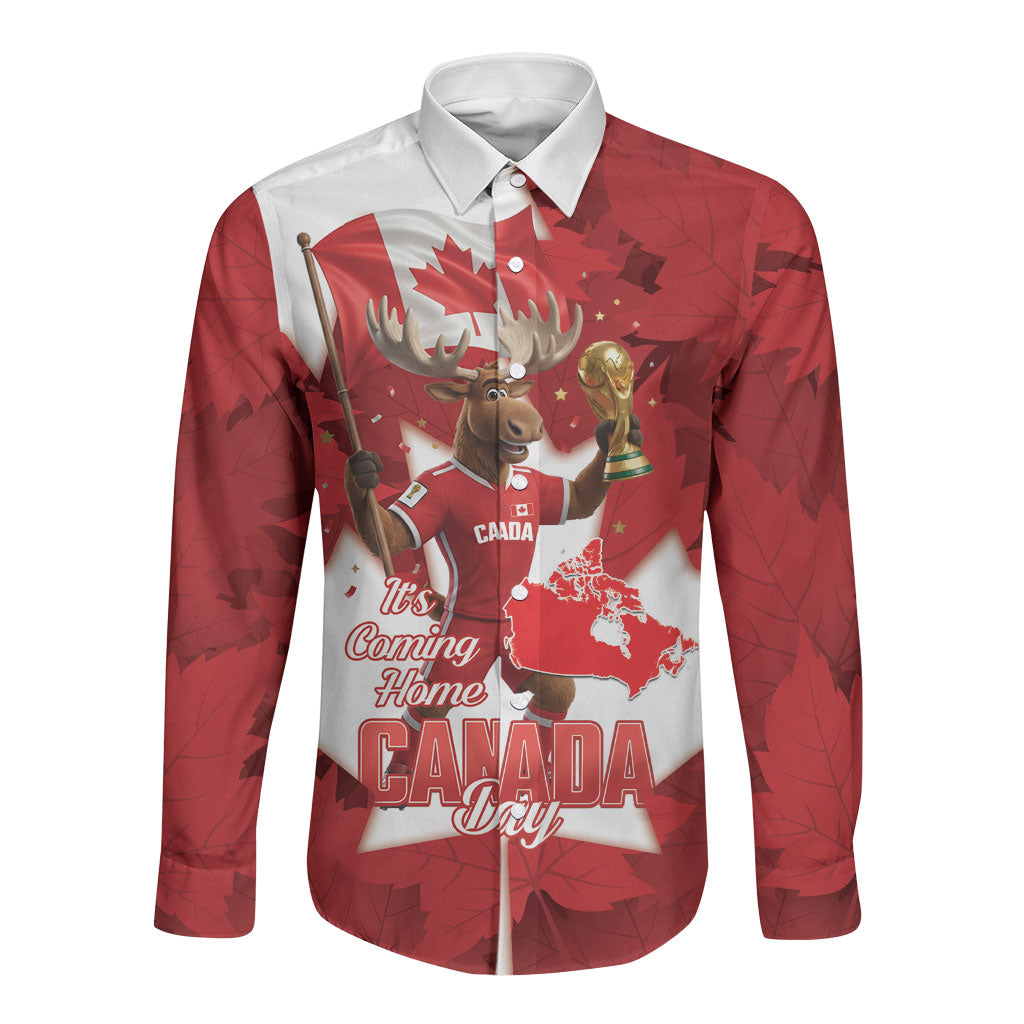 Canada Day Proud 2026 Long Sleeve Button Shirt Canadian Moose Soccer Is Coming Home