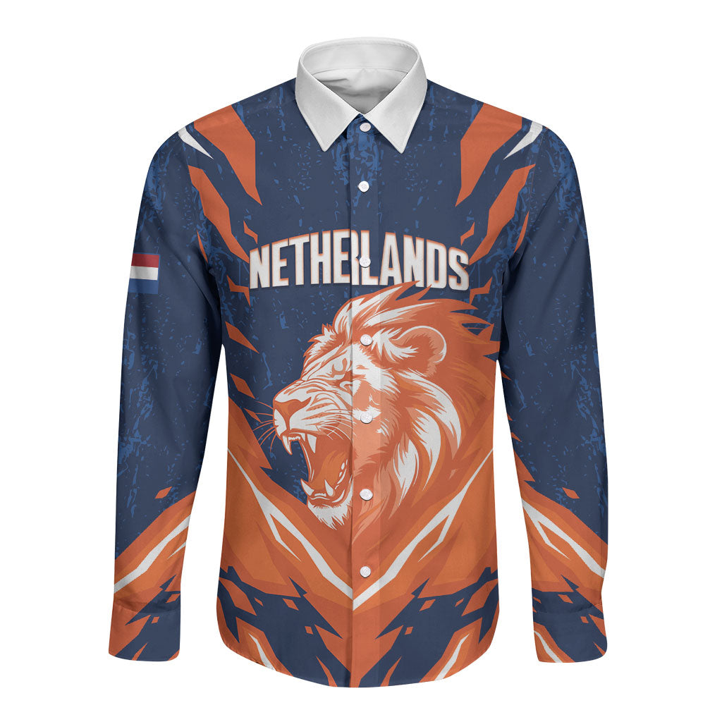 Custom Netherlands 2026 Football Long Sleeve Button Shirt Go Oranje Majestic Lion