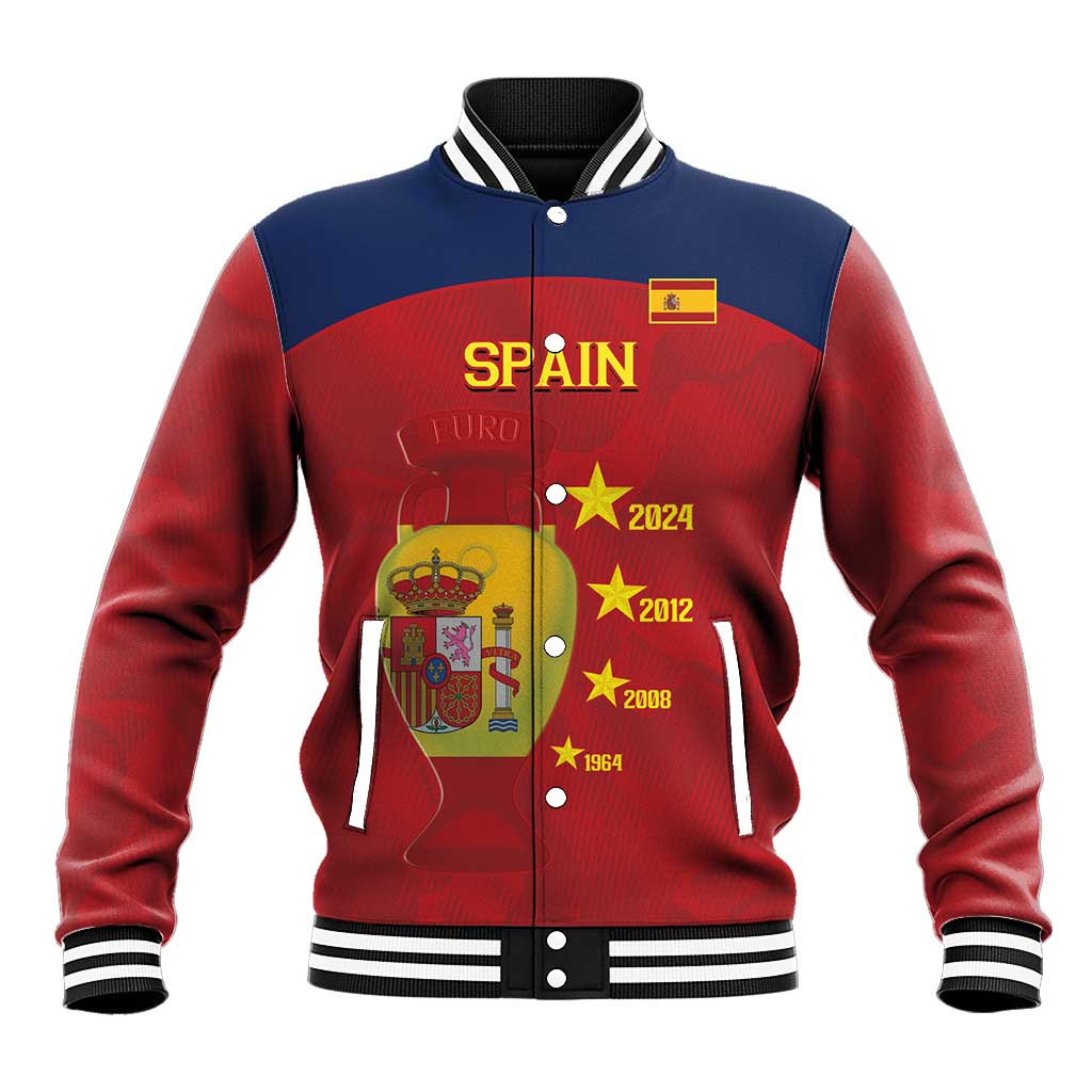 Red and navy baseball jacket with striped collar, front button, Spain crest graphic