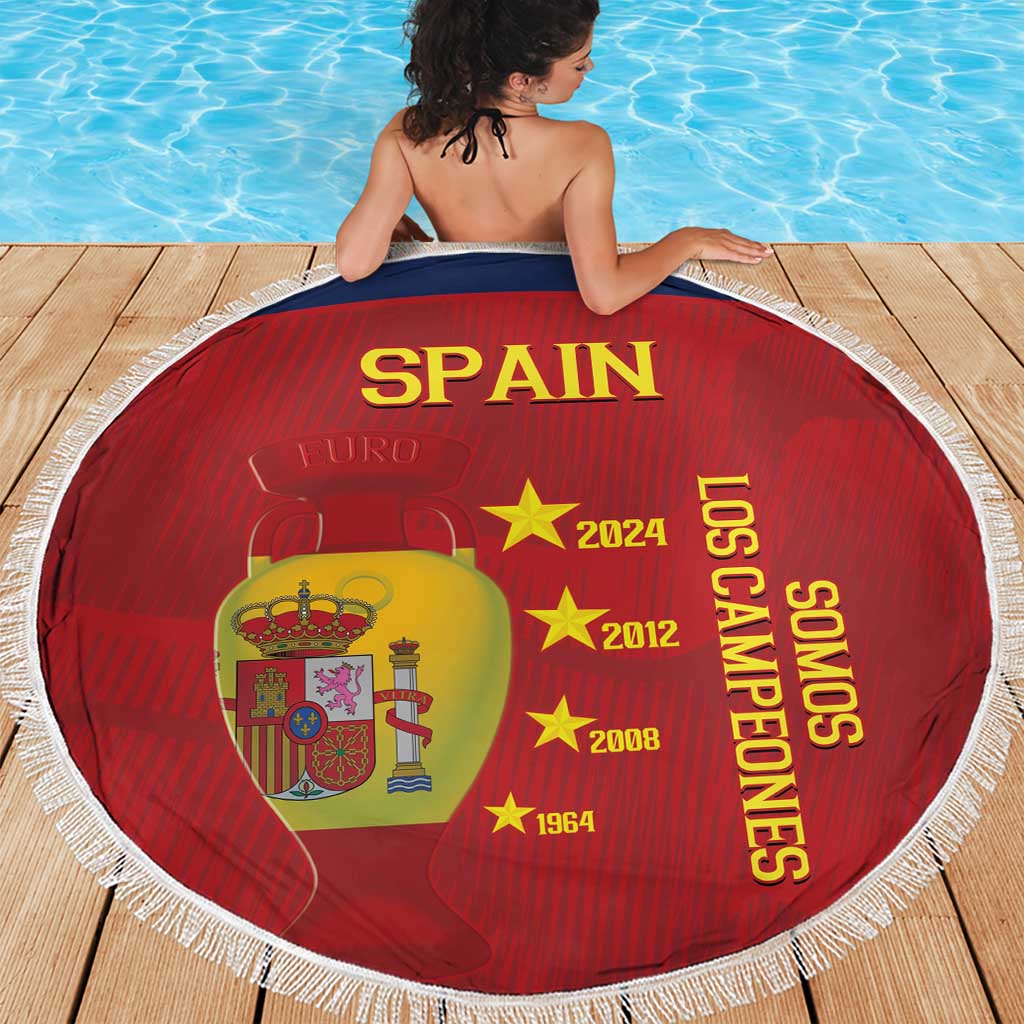 Red round Spain football beach blanket with white fringe, Spain crest and year-star design