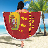 Red round Spain beach blanket held up, white fringe, Spain crest and star graphic