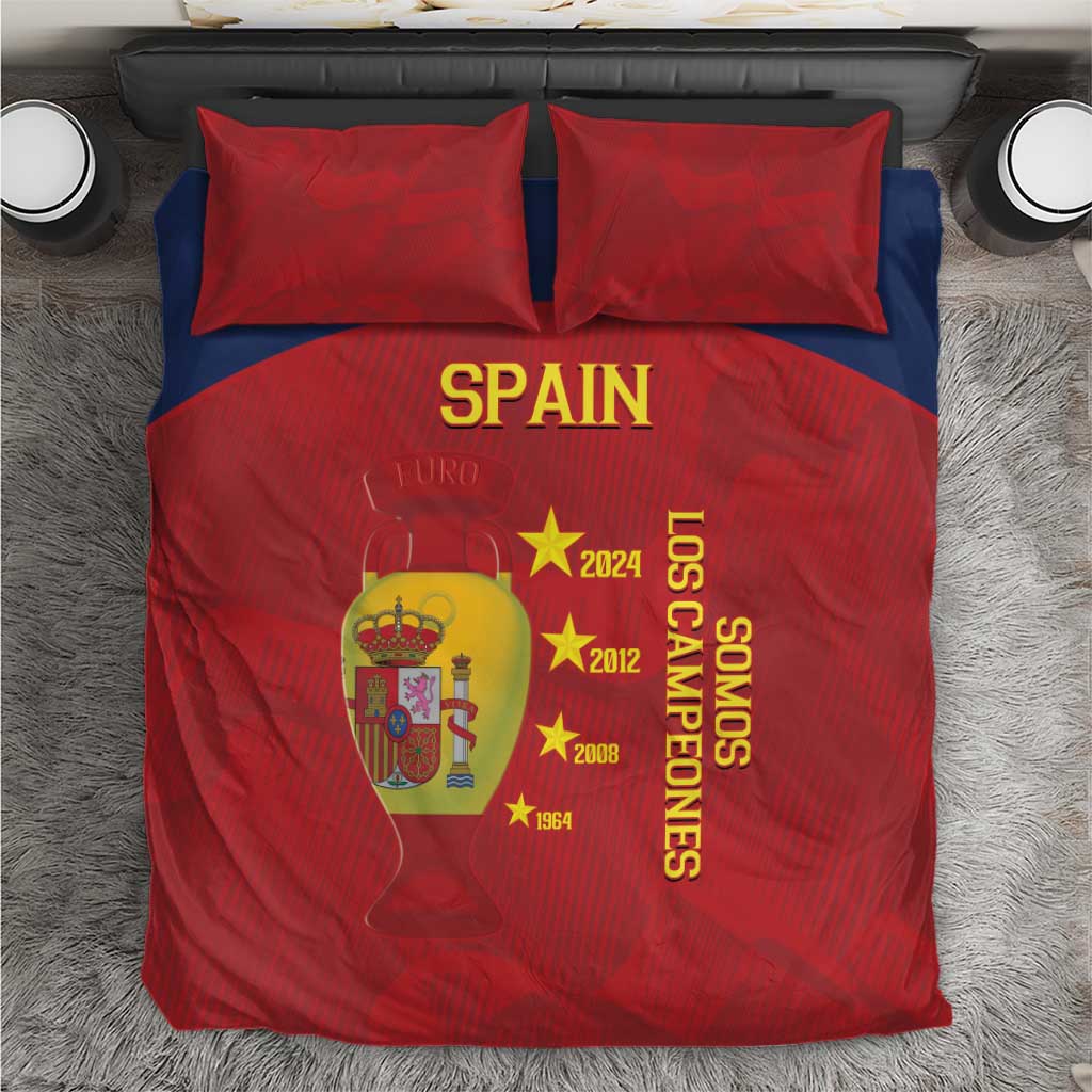 Red bedding set with gold Spain text, crest graphic, and two red pillowcases