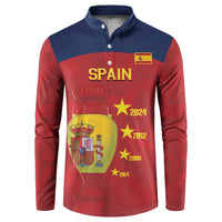 Red and navy Spain football button sweatshirt with front collar and star graphic.