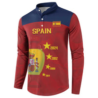 Red and navy Spain football button sweatshirt with 'SPAIN' chest logo and stars.